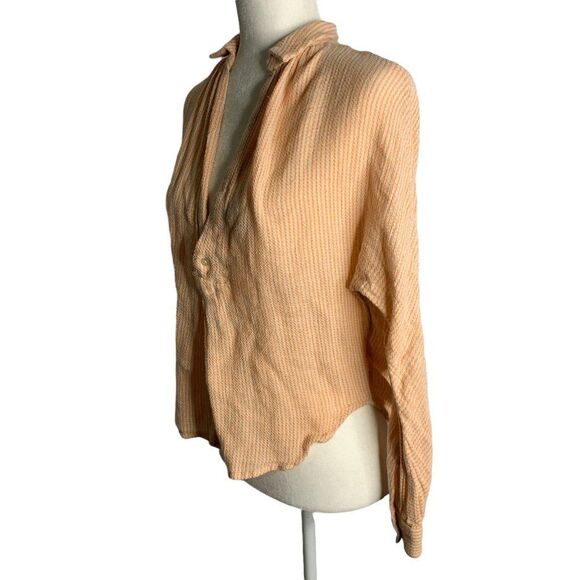 Free People Long Sleeve Knit Top XS Orange Stripe V Neck Collar Button Round Hem - Picture 3 of 6